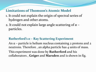 Limitations of Thomson’s Atomic Model
1. It could not explain the origin of spectral series of
hydrogen and other atoms.
2. It could not explain large angle scattering of α –
particles.
Rutherford’s α – Ray Scattering Experiment
An α – particle is helium nucleus containing 2 protons and 2
neutrons. Therefore , an alpha particle has 4 units of mass.
This experiment was done by Rutherford and his
collaborators , Geiger and Marsden and is shown in fig.
 
