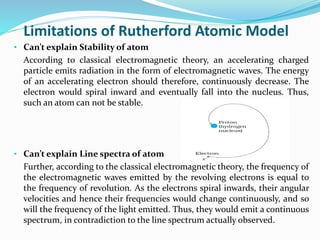 Limitations of Rutherford Atomic Model
• Can’t explain Stability of atom
According to classical electromagnetic theory, an accelerating charged
particle emits radiation in the form of electromagnetic waves. The energy
of an accelerating electron should therefore, continuously decrease. The
electron would spiral inward and eventually fall into the nucleus. Thus,
such an atom can not be stable.
• Can’t explain Line spectra of atom
Further, according to the classical electromagnetic theory, the frequency of
the electromagnetic waves emitted by the revolving electrons is equal to
the frequency of revolution. As the electrons spiral inwards, their angular
velocities and hence their frequencies would change continuously, and so
will the frequency of the light emitted. Thus, they would emit a continuous
spectrum, in contradiction to the line spectrum actually observed.
 