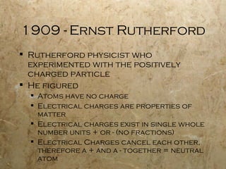 1909 - Ernst Rutherford Rutherford physicist who experimented with the positively charged particle He figured Atoms have no charge Electrical charges are properties of matter Electrical charges exist in single whole number units + or - (no fractions) Electrical Charges cancel each other, therefore a + and a - together = neutral atom 