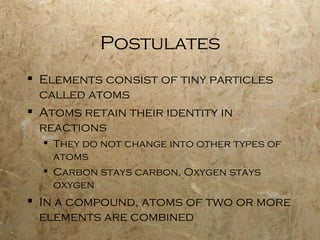 Postulates Elements consist of tiny particles called atoms Atoms retain their identity in reactions They do not change into other types of atoms Carbon stays carbon, Oxygen stays oxygen In a compound, atoms of two or more elements are combined 