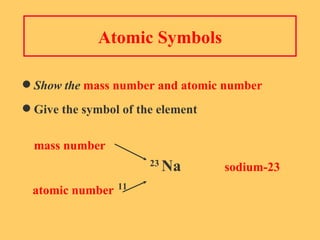 Atomic Symbols Show the  mass number and atomic number Give the symbol of the element mass number   23  Na     sodium-23 atomic number 11 