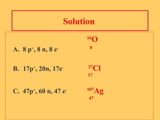 Solution  16 O A.  8 p + , 8 n, 8 e -   8 B. 17p + , 20n, 17e -   37 Cl   17   C.  47p + , 60 n, 47 e - 107 Ag     47 