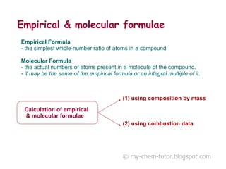 Empirical & molecular formulae   Empirical Formula   - the simplest whole-number ratio of atoms in a compound.  Molecular Formula   - the actual numbers of atoms present in a molecule of the compound.  - it may be the same of the empirical formula or an integral multiple of it.  © my-chem-tutor.blogspot.com (1) using composition by mass  (2) using combustion data  Calculation of empirical  & molecular formulae 