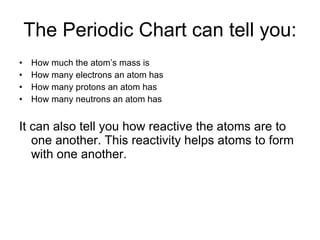 The Periodic Chart can tell you: How much the atom’s mass is How many electrons an atom has How many protons an atom has How many neutrons an atom has It can also tell you how reactive the atoms are to one another. This reactivity helps atoms to form with one another.  