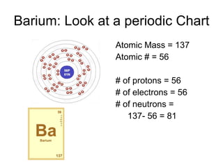 Barium: Look at a periodic Chart Atomic Mass = 137 Atomic # = 56 # of protons = 56 # of electrons = 56 # of neutrons =  137- 56 = 81 