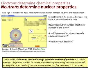 mass number =    12                                          Atom, Ion or
                       C                                        Isotope?
atomic number =    6    Charge = 0


  1                    238                 235
       H                     U                  ?
  1      Charge = +1   92     Charge = 0   92    Charge = 0

       H+ ion               Uranium
 