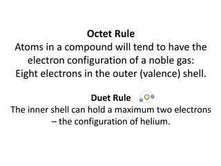 Bonding is the attraction between atoms.
   Atoms are stable when they have a full valence shell.
   In ionic bonds, electrons are transferred to achieve this.
   In covalent, electrons are shared.
   The result are forces of attraction.

   Bonds:
       • Ionic
       • Covalent
       • Metallic

   Inter-molecular forces:
        • Dipole-dipole bonds
        • Hydrogen bonds
        • Van der Waal’s forces




http://www.kentchemistry.com/links/bonding/bondingflashes/bond_types.swf
 