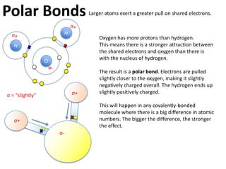 Covalent Bonding              Non-metals will share electrons
                              when they bond.

           Oxygen: 8 electrons, 6 valence electrons.
           Hydrogen: 1 electron, 1 valence electron.
    O
                 O                           H
            Oxygen follows the octet rule and needs eight valence
            electrons to be stable.

    H       Hydrogen follows the duet rule and needs two.
            It has one already, so will share it with oxygen.
 