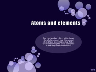 Atoms and elements For the teacher – first slide shows the whole concept map the second slide shows a developing map to be used in teaching the ideas contained in the map when downloaded. 