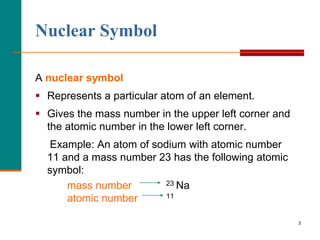 Nuclear Symbol

A nuclear symbol
 Represents a particular atom of an element.
 Gives the mass number in the upper left corner and
  the atomic number in the lower left corner.
   Example: An atom of sodium with atomic number
  11 and a mass number 23 has the following atomic
  symbol:
      mass number         23 Na

      atomic number       11


                                                       3
 