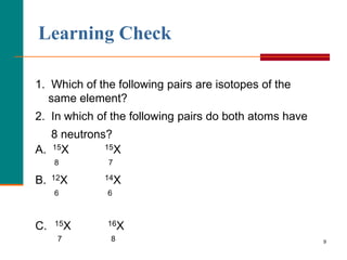 Learning Check

1. Which of the following pairs are isotopes of the
   same element?
2. In which of the following pairs do both atoms have
   8 neutrons?
A. 15X       15X
     8        7

B.   12X     14X
     6        6



C.   15X      16X
      7        8                                        9
 