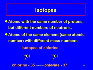 Isotopes Atoms with the same number of protons, but different numbers of neutrons.  Atoms of the same element (same atomic number) with different mass numbers   Isotopes of chlorine 35 Cl 37 Cl 17 17   chlorine - 35  chlorine - 37 LecturePLUS Timberlake 