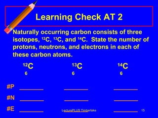 Learning Check AT 2 Naturally occurring carbon consists of three isotopes,  12 C,  13 C, and  14 C.  State the number of protons, neutrons, and electrons in each of these carbon atoms .  12 C   13 C 14 C   6   6    6 #P  _______  _______  _______  #N  _______  _______  _______   #E  _______  _______  _______   LecturePLUS Timberlake 