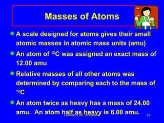 Masses of Atoms A scale designed for atoms gives their small atomic masses in atomic mass units (amu) An atom of  12 C was assigned an exact mass of 12.00 amu Relative masses of all other atoms was  determined by comparing each to the mass of  12 C  An atom twice as heavy has a mass of 24.00 amu.  An atom half as heavy is 6.00 amu. LecturePLUS Timberlake 