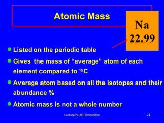 Atomic Mass Listed on the periodic table Gives  the mass of “average” atom of each element compared to  12 C  Average atom based on all the isotopes and their abundance % Atomic mass is not a whole number LecturePLUS Timberlake Na 22.99 
