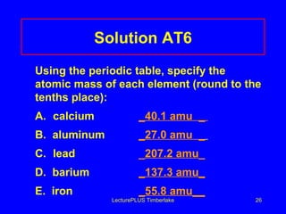 Solution AT6 Using the periodic table, specify the atomic mass of each element (round to the tenths place): A. calcium _40.1 amu  _  B.  aluminum _27.0 amu  _   C.  lead _ 207.2 amu _ D.  barium _137.3 amu_ E.  iron _55.8 amu__ LecturePLUS Timberlake 