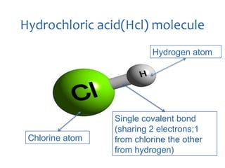 Hydrochloric acid(Hcl) molecule
                          Hydrogen atom




                 Single covalent bond
                 (sharing 2 electrons;1
 Chlorine atom   from chlorine the other
                 from hydrogen)
 