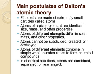 Main postulates of Dalton's
atomic theory









Elements are made of extremely small
particles called atoms.
Atoms of a given element are identical in
size, mass, and other properties;
Atoms of different elements differ in size,
mass, and other properties.
Atoms cannot be subdivided, created, or
destroyed.
Atoms of different elements combine in
simple whole-number ratios to form chemical
compounds.
In chemical reactions, atoms are combined,
separated, or rearranged.

 