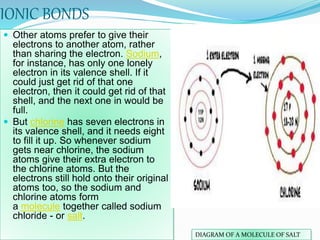IONIC BONDS
 Other atoms prefer to give their
electrons to another atom, rather
than sharing the electron. Sodium,
for instance, has only one lonely
electron in its valence shell. If it
could just get rid of that one
electron, then it could get rid of that
shell, and the next one in would be
full.
 But chlorine has seven electrons in
its valence shell, and it needs eight
to fill it up. So whenever sodium
gets near chlorine, the sodium
atoms give their extra electron to
the chlorine atoms. But the
electrons still hold onto their original
atoms too, so the sodium and
chlorine atoms form
a molecule together called sodium
chloride - or salt.
DIAGRAM OF A MOLECULE OF SALT
 