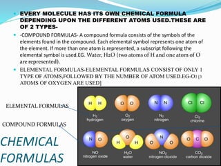 CHEMICAL
FORMULAS
 EVERY MOLECULE HAS ITS OWN CHEMICAL FORMULA
DEPENDING UPON THE DIFFERENT ATOMS USED.THESE ARE
OF 2 TYPES-
 -COMPOUND FORMULAS- A compound formula consists of the symbols of the
elements found in the compound. Each elemental symbol represents one atom of
the element. If more than one atom is represented, a subscript following the
elemental symbol is used.EG. Water, H2O (two atoms of H and one atom of O
are represented).
 ELEMENTAL FORMULAS-ELEMENTAL FORMULAS CONSIST OF ONLY 1
TYPE OF ATOMS,FOLLOWED BY THE NUMBER OF ATOM USED.EG-O3 [3
ATOMS OF OXYGEN ARE USED]
ELEMENTAL FORMULAS
COMPOUND FORMULAS
 