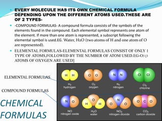 CHEMICAL
FORMULAS
 EVERY MOLECULE HAS ITS OWN CHEMICAL FORMULA
DEPENDING UPON THE DIFFERENT ATOMS USED.THESE ARE
OF 2 TYP...