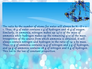 ∗The ratio by the number of atoms for water will always be H : O = 2 :
1. Thus, 18 g of water contains 2 g of hydrogen and 16 g of oxygen.
Similarly, in ammonia, nitrogen makes up 14/17 of the mass of
ammonia while hydrogen makes up the remaining 3/17 of the mass.
Irrespective of the source from which ammonia is obtained, it will
always contain nitrogen and hydrogen in the ratio of 14: 3 by mass.
Thus, 17 g of ammonia contains 14 g of nitrogen and 3 g of hydrogen,
and 34 g of ammonia contains 28 g of nitrogen and 6 g of hydrogen.
This led to the law of constant proportion.
 