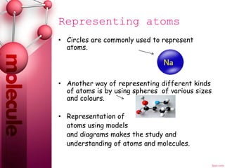 Representing atoms
• Circles are commonly used to represent
atoms.
• Another way of representing different kinds
of atoms is by using spheres of various sizes
and colours.
• Representation of
atoms using models
and diagrams makes the study and
understanding of atoms and molecules.
Na
 