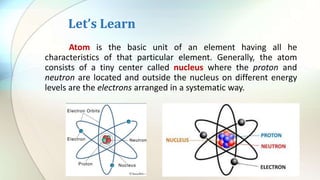 Let’s Learn
Atom is the basic unit of an element having all he
characteristics of that particular element. Generally, the atom
consists of a tiny center called nucleus where the proton and
neutron are located and outside the nucleus on different energy
levels are the electrons arranged in a systematic way.
 