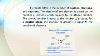Elements differ in the number of protons, electrons,
and neutrons. The identity of any element is based on the
number of protons which equates to the atomic number.
The atomic number is equal to the number of protons. For
a neutral atom, the number of protons is equal to the
number of electrons.
 
