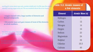 searching for various atomic mass units, scientists initially took 1/16 of the mass of an atom of
naturally occurring oxygen as the unit. This was considered relevant due to two reasons:
• oxygen reacted with a large number of elements and
formed compounds.
• this atomic mass unit gave masses of most of the elements
as whole numbers.
the relative atomic mass of the atom of an element is defined as the average mass of the atom,
as compared to 1/12th the mass of one carbon-12 atom.
One atomic mass unit is a mass unit equal to exactly onetwelfth
(1/12th) the mass of one atom of carbon-12.
 