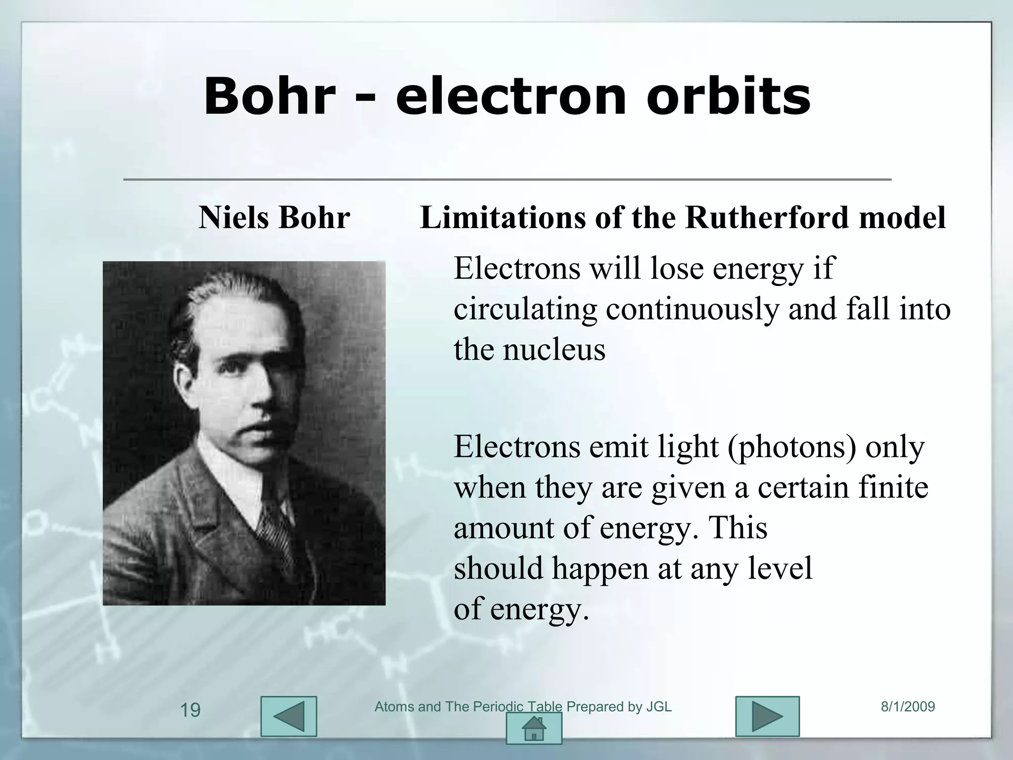 Bohr - electron orbits

 Niels Bohr         Limitations of the Rutherford model
                      Electrons will lose energy if
                      circulating continuously and fall into
                      the nucleus

                         Electrons emit light (photons) only
                         when they are given a certain finite
                         amount of energy. This
                         should happen at any level
                         of energy.

19            Atoms and The Periodic Table Prepared by JGL   8/1/2009
 