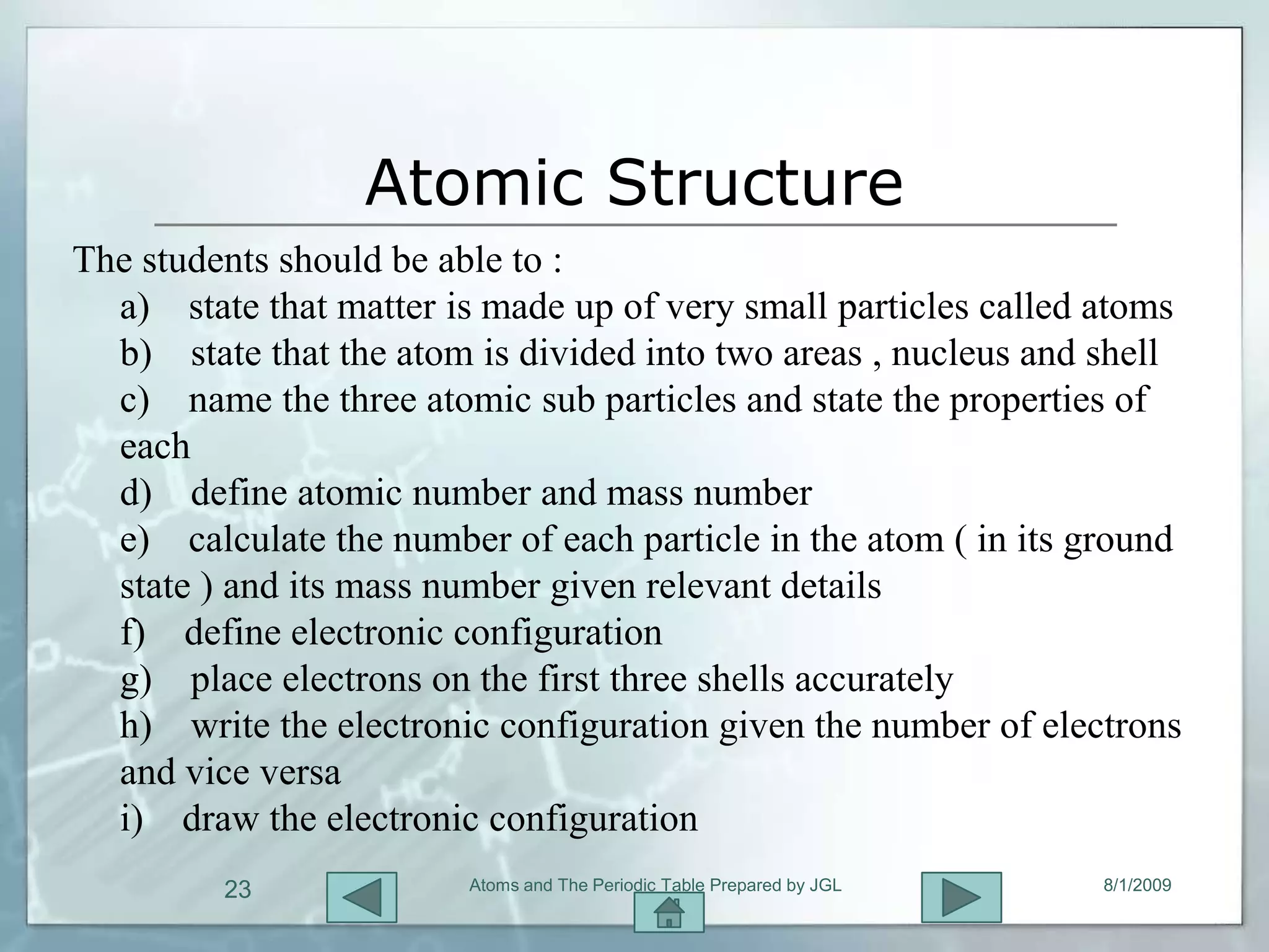 Atomic Structure
The students should be able to :
  a) state that matter is made up of very small particles called atoms
  b) state that the atom is divided into two areas , nucleus and shell
  c) name the three atomic sub particles and state the properties of
  each
  d) define atomic number and mass number
  e) calculate the number of each particle in the atom ( in its ground
  state ) and its mass number given relevant details
  f) define electronic configuration
  g) place electrons on the first three shells accurately
  h) write the electronic configuration given the number of electrons
  and vice versa
  i) draw the electronic configuration
         23              Atoms and The Periodic Table Prepared by JGL   8/1/2009
 