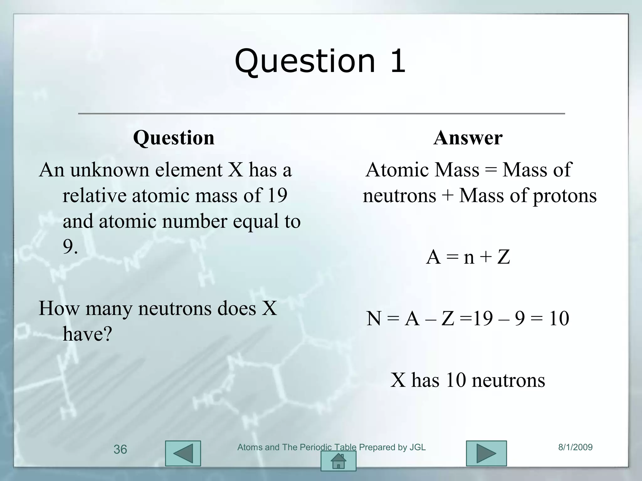 Question 1

           Question                                       Answer
An unknown element X has a                        Atomic Mass = Mass of
  relative atomic mass of 19                      neutrons + Mass of protons
  and atomic number equal to
  9.                                                            A=n+Z

How many neutrons does X                           N = A – Z =19 – 9 = 10
  have?

                                                        X has 10 neutrons


       36            Atoms and The Periodic Table Prepared by JGL           8/1/2009
 