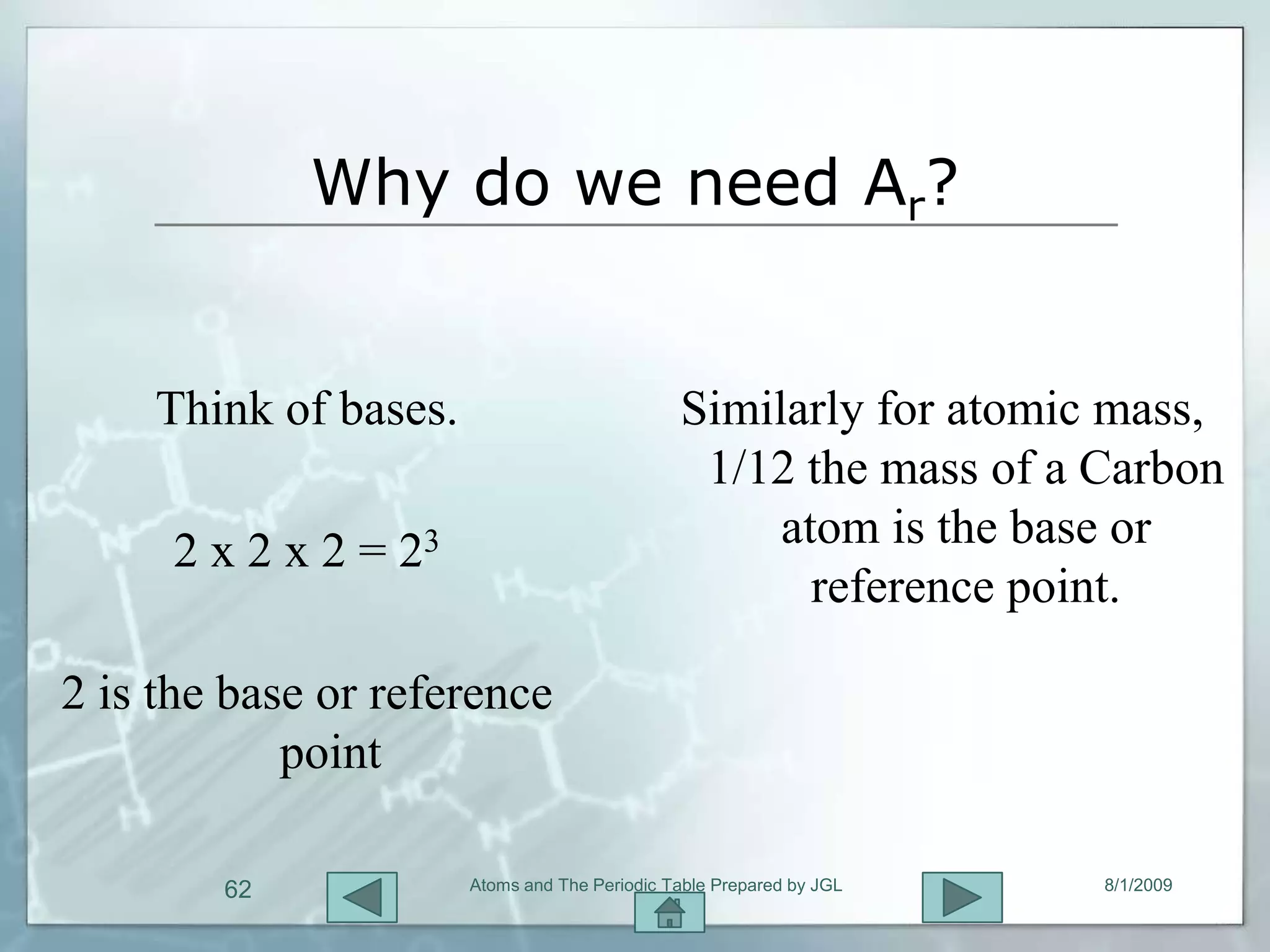 Why do we need Ar?


    Think of bases.                           Similarly for atomic mass,
                                               1/12 the mass of a Carbon
     2 x 2 x 2 = 23                                atom is the base or
                                                     reference point.

2 is the base or reference
            point

        62            Atoms and The Periodic Table Prepared by JGL   8/1/2009
 