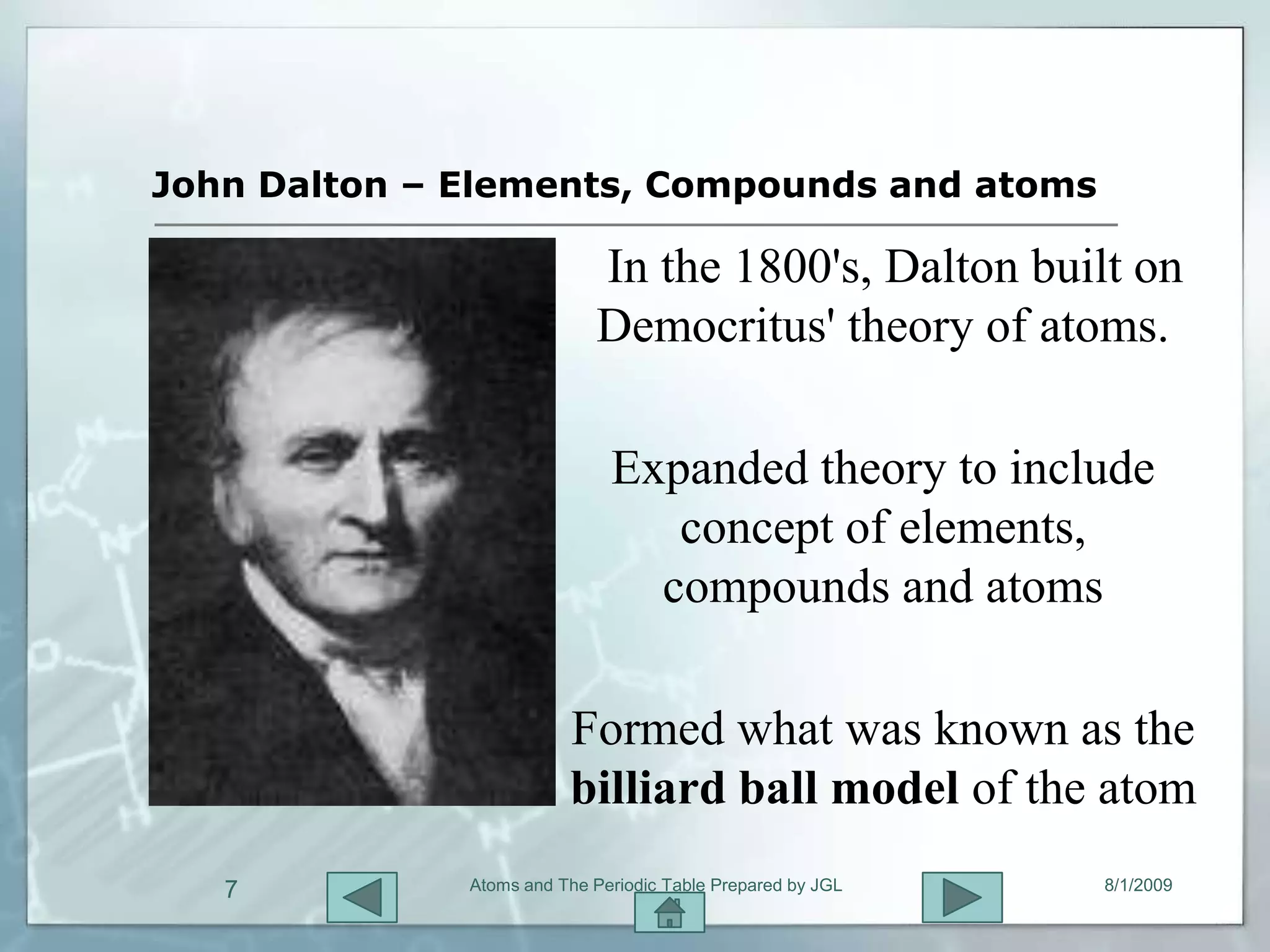 John Dalton – Elements, Compounds and atoms

                            In the 1800's, Dalton built on
                            Democritus' theory of atoms.

                              Expanded theory to include
                                 concept of elements,
                                compounds and atoms

                         Formed what was known as the
                         billiard ball model of the atom
   7          Atoms and The Periodic Table Prepared by JGL   8/1/2009
 