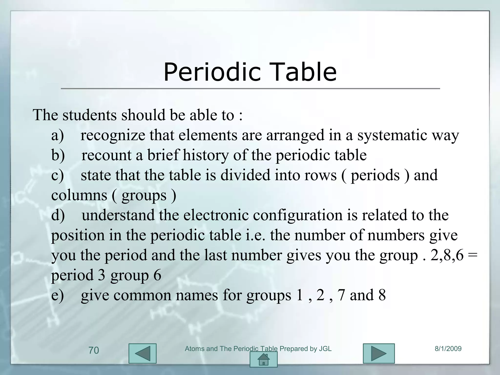 Periodic Table
The students should be able to :
  a) recognize that elements are arranged in a systematic way
  b) recount a brief history of the periodic table
  c) state that the table is divided into rows ( periods ) and
  columns ( groups )
  d) understand the electronic configuration is related to the
  position in the periodic table i.e. the number of numbers give
  you the period and the last number gives you the group . 2,8,6 =
  period 3 group 6
  e) give common names for groups 1 , 2 , 7 and 8


        70            Atoms and The Periodic Table Prepared by JGL   8/1/2009
 