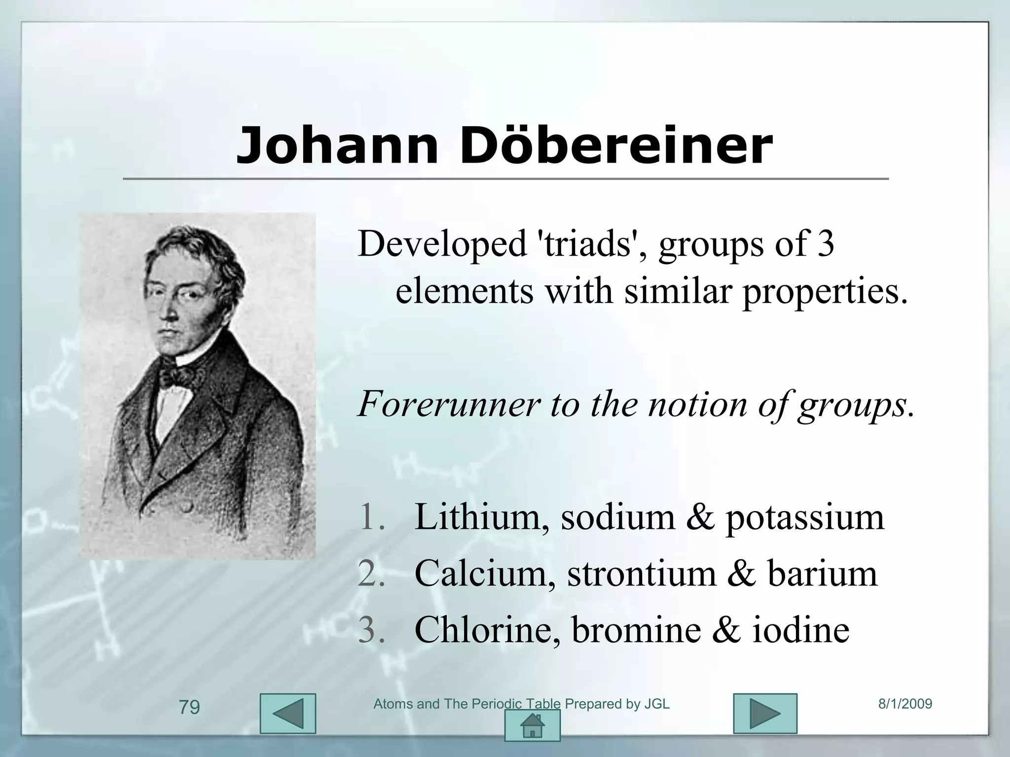 Johann Döbereiner
        Developed 'triads', groups of 3
          elements with similar properties.

        Forerunner to the notion of groups.

        1. Lithium, sodium & potassium
        2. Calcium, strontium & barium
        3. Chlorine, bromine & iodine
79       Atoms and The Periodic Table Prepared by JGL   8/1/2009
 