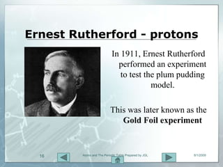 Ernest Rutherford - protons
                           In 1911, Ernest Rutherford
                             performed an experiment
                              to test the plum pudding
                                        model.

                          This was later known as the
                             Gold Foil experiment


  16    Atoms and The Periodic Table Prepared by JGL   8/1/2009
 