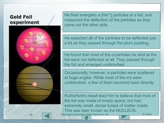 He fired energetic a [He2+] particles at a foil, and
Gold Foil
                measured the deflection of the particles as they
experiment      came out the other side.


                He expected all of the particles to be deflected just
                a bit as they passed through the plum pudding.

                He found that most of the α-particles he shot at the
                foil were not deflected at all. They passed through
                the foil and emerged undisturbed.
                Occasionally, however, α-particles were scattered
                at huge angles. While most of the α's were
                undisturbed, a few of them bounced back directly.


                Rutherford's result lead him to believe that most of
                the foil was made of empty space, but had
                extremely small, dense lumps of matter inside.
                This was later known as the NUCLEUS.
      18     Atoms and The Periodic Table Prepared by JGL     8/1/2009
 