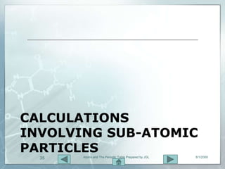 CALCULATIONS
INVOLVING SUB-ATOMIC
PARTICLES
       Atoms and The Periodic Table Prepared by JGL   8/1/2009
  35
 