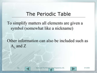 The Periodic Table
To simplify matters all elements are given a
 symbol (somewhat like a nickname)

Other information can also be included such as
 Ar, and Z



     73         Atoms and The Periodic Table Prepared by JGL   8/1/2009
 