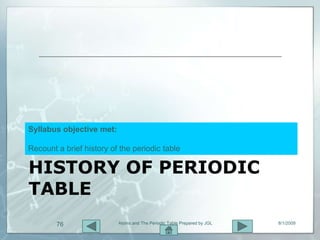 Syllabus objective met:

Recount a brief history of the periodic table

HISTORY OF PERIODIC
TABLE
        76                Atoms and The Periodic Table Prepared by JGL   8/1/2009
 