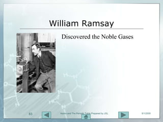 William Ramsay
        Discovered the Noble Gases




83     Atoms and The Periodic Table Prepared by JGL   8/1/2009
 