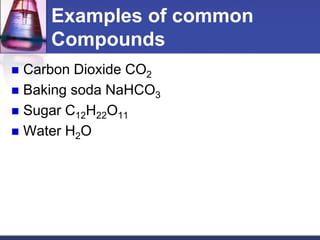 Examples of common 
Compounds 
 Carbon Dioxide CO2 
 Baking soda NaHCO3 
 Sugar C12H22O11 
 Water H2O 
