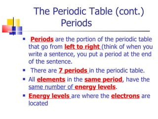 The Periodic Table (cont.)   Periods  Periods   are the portion of the periodic table that go from  left to right   (think of when you write a sentence, you put a period at the end of the sentence. There are  7 periods   in the periodic table. All  elements  in the  same period , have the  same number of  energy levels . Energy levels   are where the  electrons  are located 