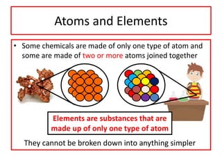 Atoms and Elements
• Some chemicals are made of only one type of atom and
some are made of two or more atoms joined together
Elements are substances that are
made up of only one type of atom
They cannot be broken down into anything simpler
 