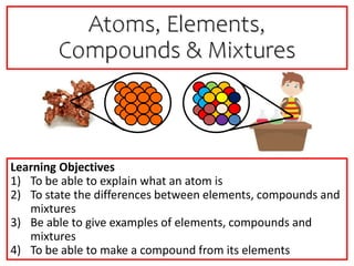Learning Objectives
1) To be able to explain what an atom is
2) To state the differences between elements, compounds and
mixtures
3) Be able to give examples of elements, compounds and
mixtures
4) To be able to make a compound from its elements
Atoms, Elements,
Compounds & Mixtures
 