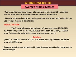 ATOMIC WEIGHTS
                        Average Atomic Masses
 • We can determine the average atomic mass of an element by using the
 masses of its various isotopes and their relatives abundance
 • Because in the real world we use large amounts of atoms and molecules, we
 use average masses in calculations
 How to Calculate:
         The 3 naturally occurring isotopes of neon are; neon-20, 90.51%,
 19.99244 amu; neon-21, 0.27%, 20.99395 amu; neon-22, 9.22%, 21.99138
 amu. Calculate the weighted average atomic mass of neon.
                                 Solution:
 (0.9051 x 19.99244 amu) + (0.0027 x 20.99395 amu) + (0.00922 x 21.99138
 amu) = 20.1794 amu

• Average atomic mass (expressed in atomic mass units) is also known as its
atomic weight.
 