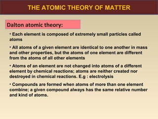 THE ATOMIC THEORY OF MATTER

Dalton atomic theory:
• Each element is composed of extremely small particles called
atoms
• All atoms of a given element are identical to one another in mass
and other properties, but the atoms of one element are different
from the atoms of all other elements
• Atoms of an element are not changed into atoms of a different
element by chemical reactions; atoms are neither created nor
destroyed in chemical reactions. E.g : electrolysis
• Compounds are formed when atoms of more than one element
combine; a given compound always has the same relative number
and kind of atoms.
 