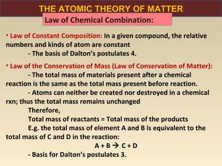 THE ATOMIC THEORY OF MATTER
           Law of Chemical Combination:
• Law of Constant Composition: In a given compound, the relative
numbers and kinds of atom are constant
       - The basis of Dalton’s postulates 4.
• Law of the Conservation of Mass (Law of Conservation of Matter):
        - The total mass of materials present after a chemical
reaction is the same as the total mass present before reaction.
        - Atoms can neither be created nor destroyed in a chemical
rxn; thus the total mass remains unchanged
        Therefore,
        Total mass of reactants = Total mass of the products
        E.g. the total mass of element A and B is equivalent to the
total mass of C and D in the reaction:
                               A+B C+D
        - Basis for Dalton’s postulates 3.
 